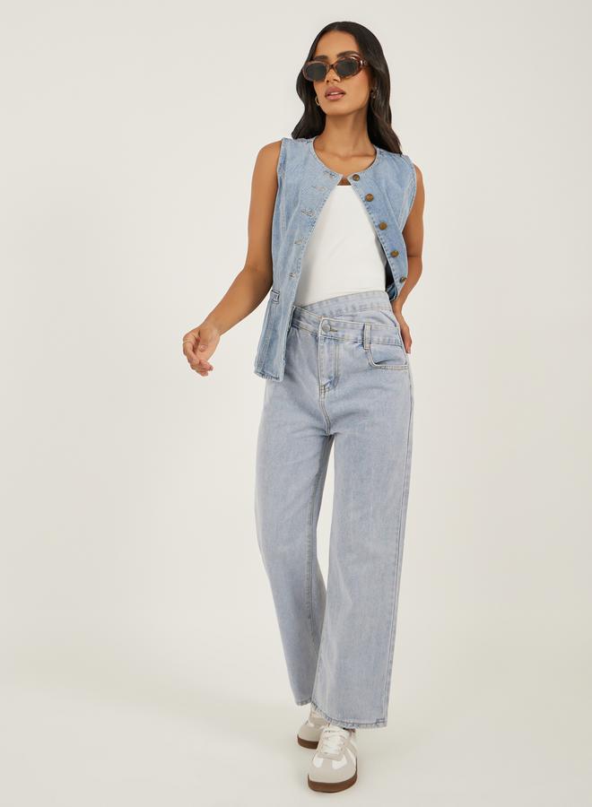 Styli Wide Leg Faded Jeans with Asymmetric Waistband - Image 1