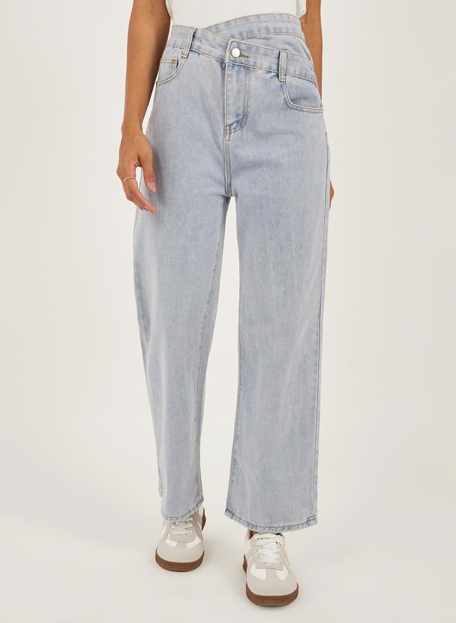 Styli Wide Leg Faded Jeans with Asymmetric Waistband - Image 2