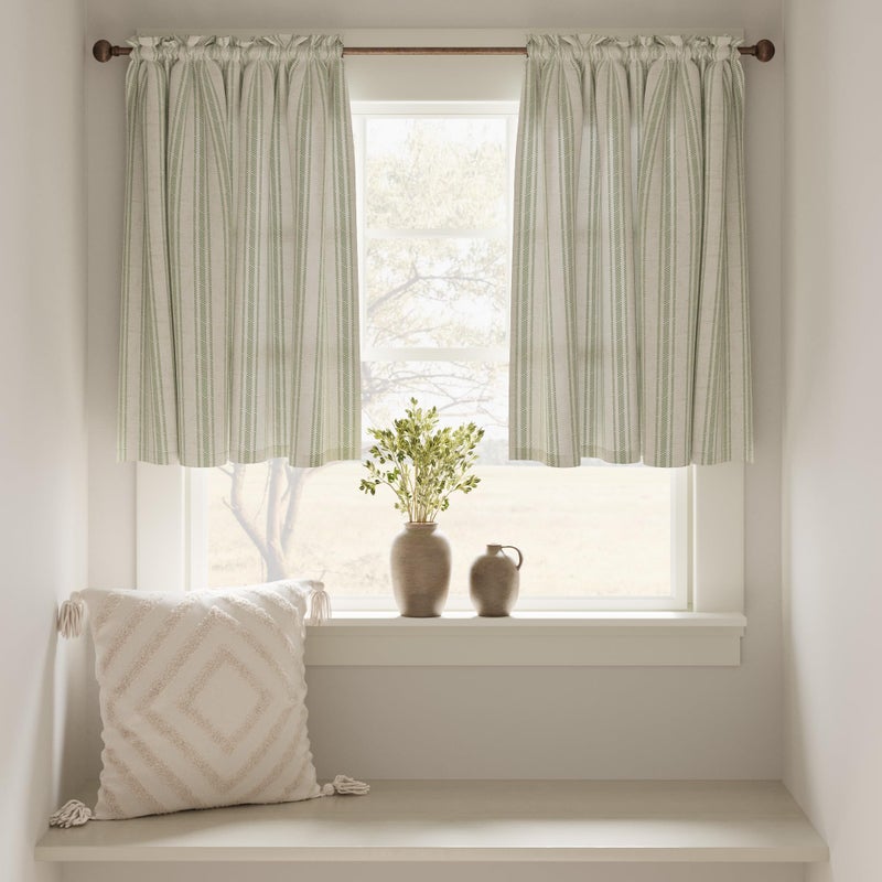 jinchan Striped Linen Kitchen Curtains 24 Inch Cafe Tier Curtains Balanced Stripe Farmhouse Small Drapes for Bathroom Laundry Over Sink Half Window Light Filtering 2 Panels Sage Green on Linen - Image 4