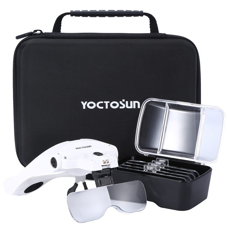 YOCTOSUN Magnifying Glasses with Light LED Head Magnifier with 5 Lenses Headband Storage Case Hands Free Lighted Head Magnifying Visor for Close Work Hobby Crafts