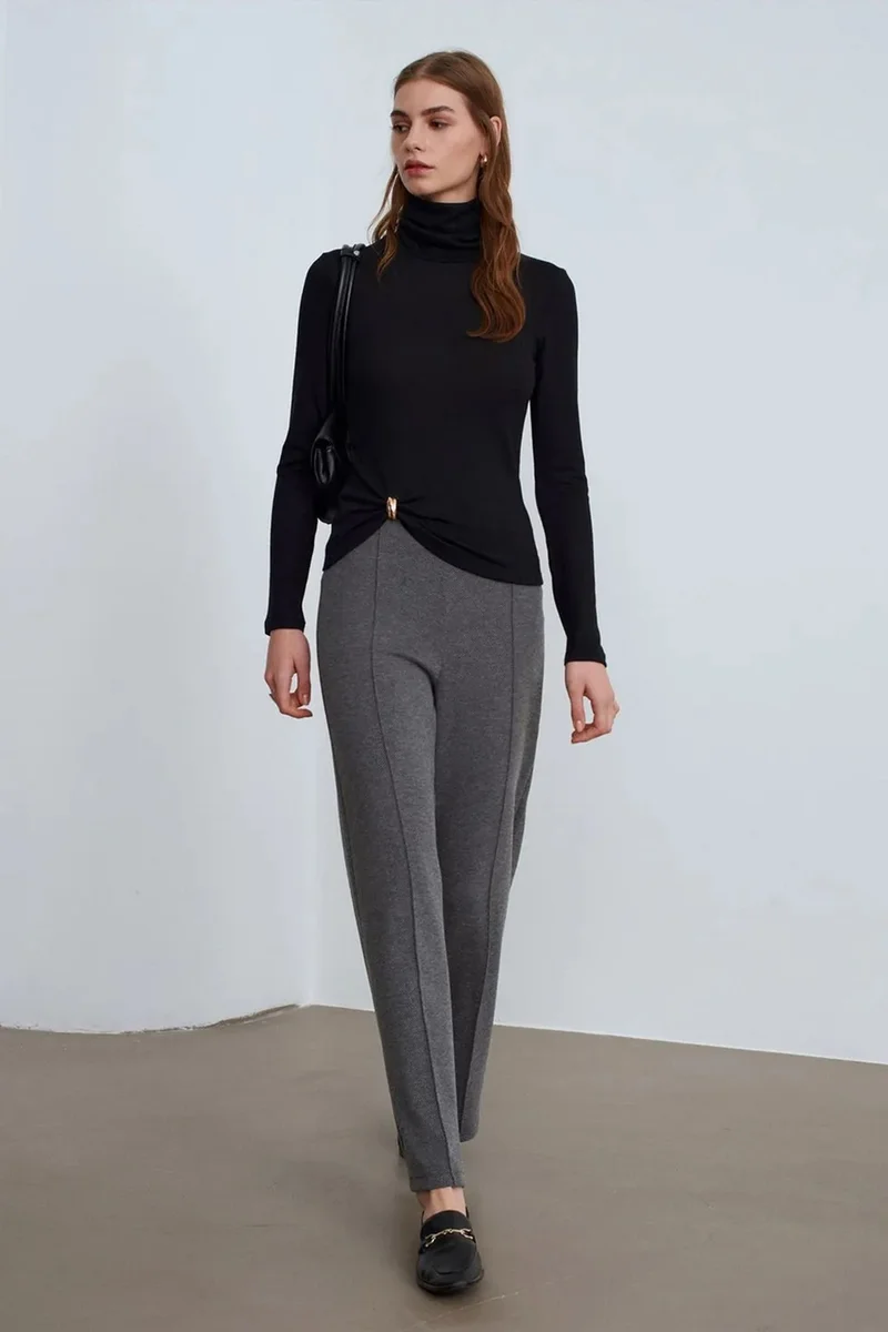 Dilvin Charcoal Grey DILVIN Women's Mid-waist Wide-leg Woven Trousers for Women | Best Price UAE