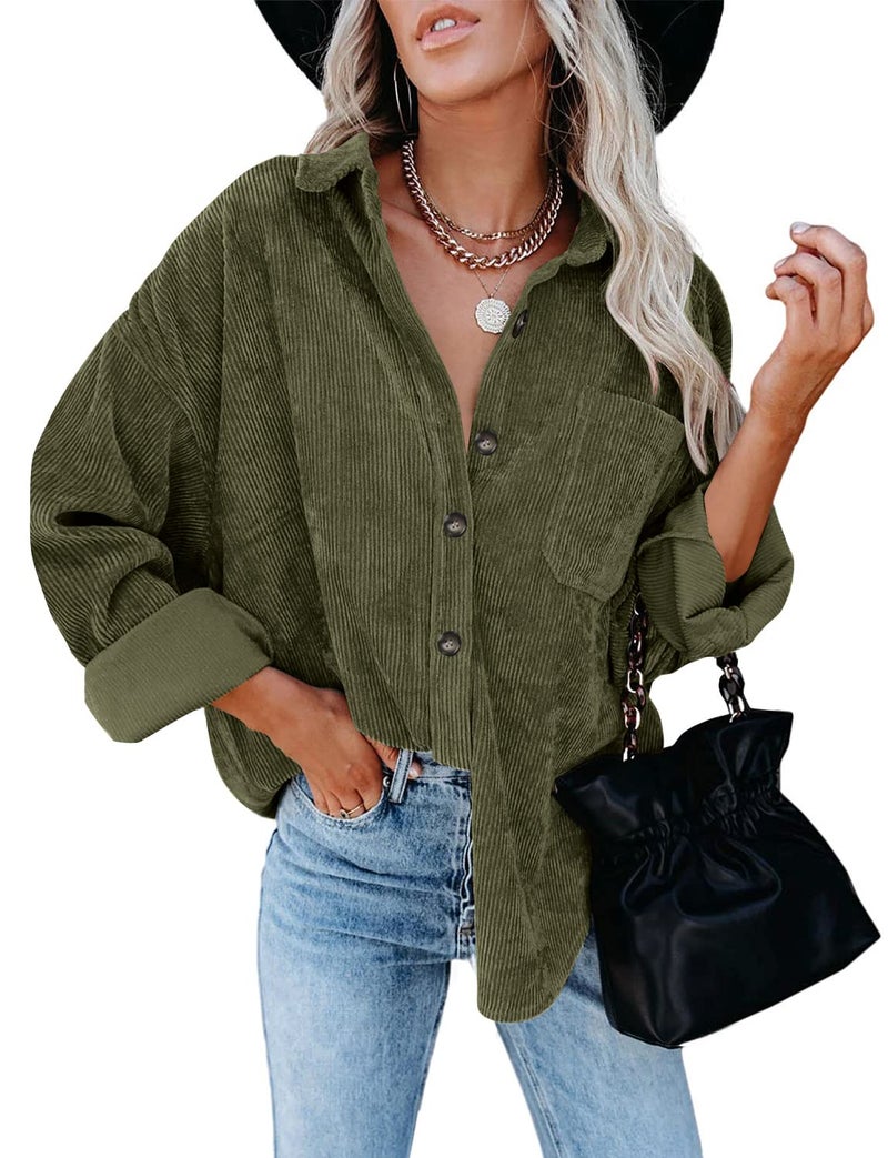 ZOLUCKY Women's Casual Long Sleeve Shacket Jackets Oversized Button Down Shirts Tops Fall Corduroy Shacket, Army Green Large - Image 3