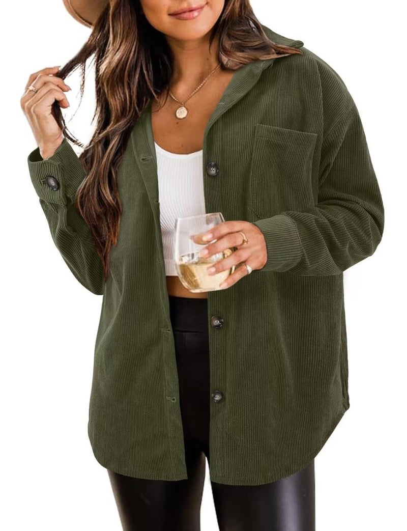 ZOLUCKY Women's Casual Long Sleeve Shacket Jackets Oversized Button Down Shirts Tops Fall Corduroy Shacket, Army Green Large - Image 1