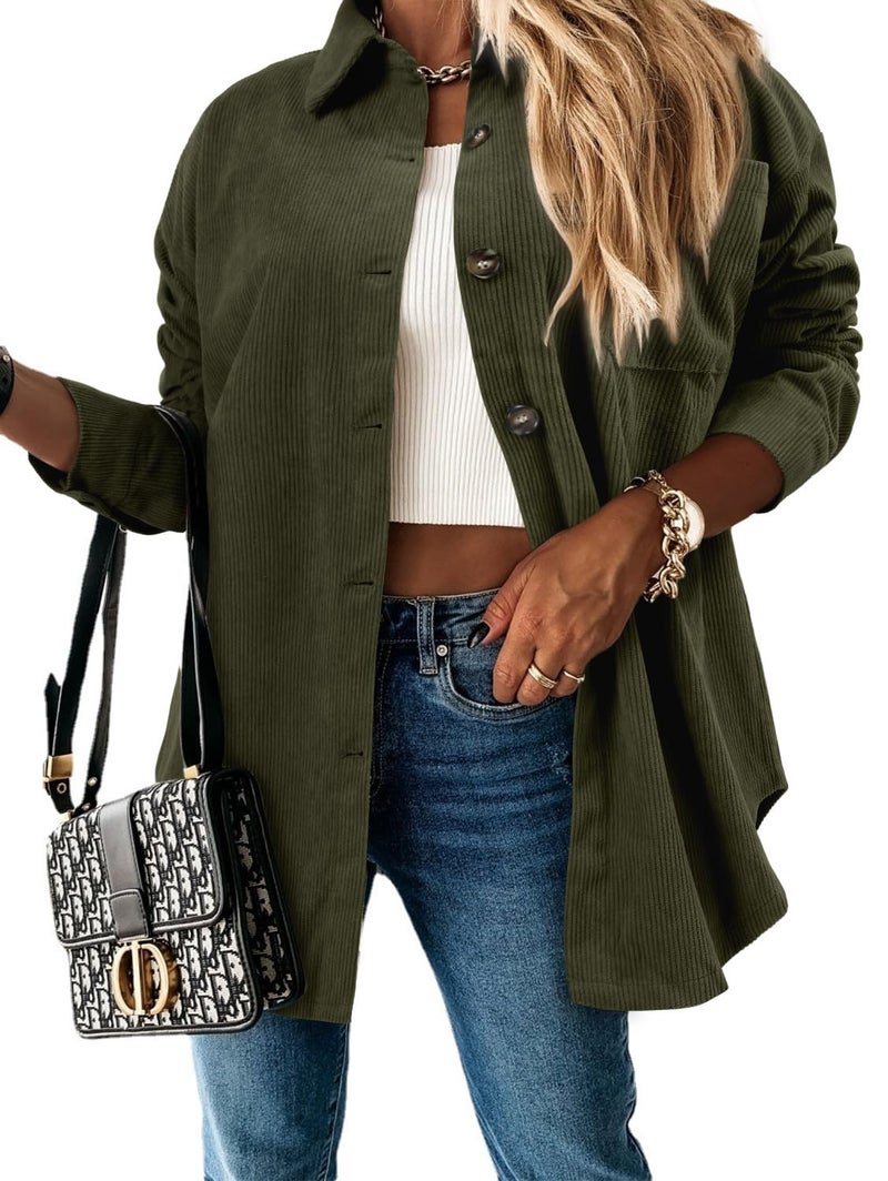 ZOLUCKY Women's Casual Long Sleeve Shacket Jackets Oversized Button Down Shirts Tops Fall Corduroy Shacket, Army Green Large - Image 2