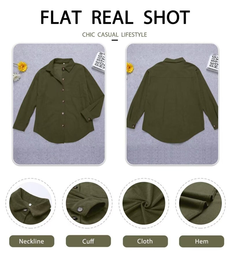 ZOLUCKY Women's Casual Long Sleeve Shacket Jackets Oversized Button Down Shirts Tops Fall Corduroy Shacket, Army Green Large - Image 5