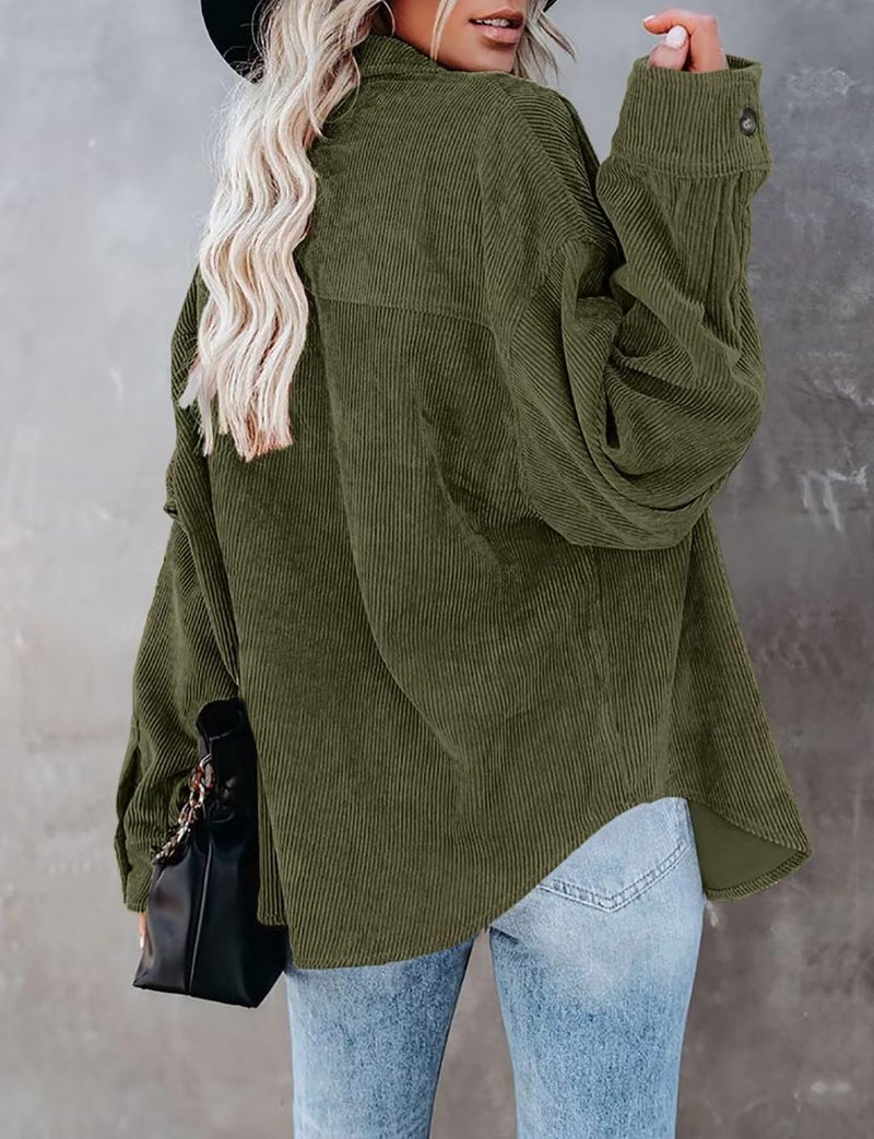 ZOLUCKY Women's Casual Long Sleeve Shacket Jackets Oversized Button Down Shirts Tops Fall Corduroy Shacket, Army Green Large - Image 4