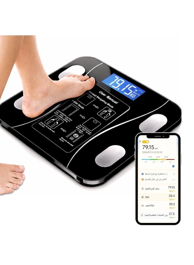 ميزان حمام إلكتروني ذكي - جهاز مراقبة نسبة الدهون والعضلات في الجسم بتقنية البلوتوث، جهاز لإنقاص الوزن مع تطبيق، شاشة LED، يتحمل وزنًا يصل إلى 180 كجم - Image 1