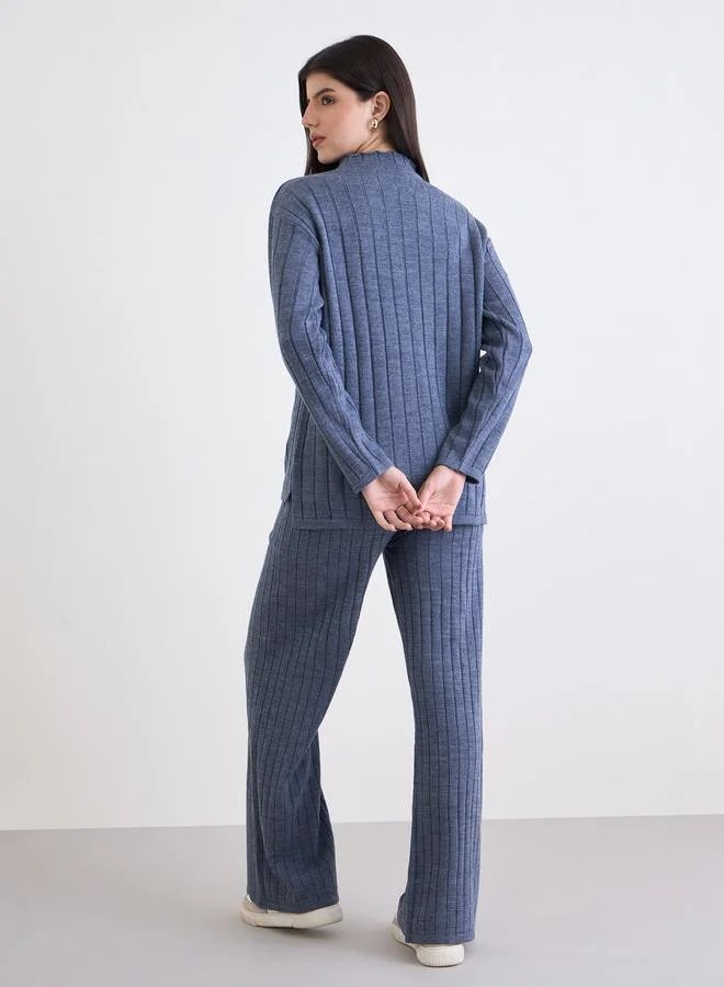 Styli  Styli Blue Ribbed Knit Longline Sweater and Pants Co-Ords for Women | Best Price UAE