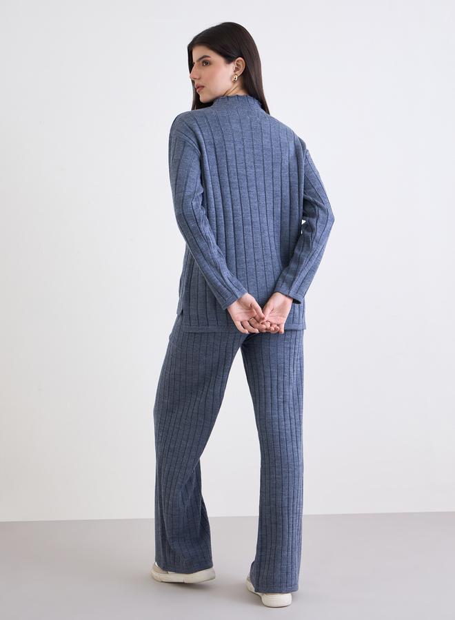 ستايلي طقم منسق من بنطال وسويتر محبوك بتفاصيل مضلعة - Image 4