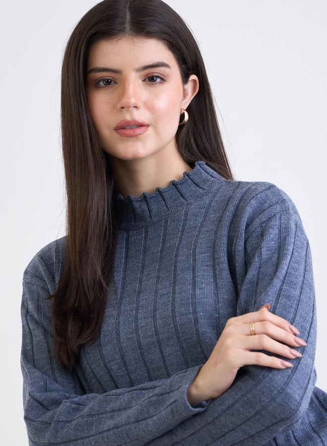 Styli  Styli Blue Ribbed Knit Longline Sweater and Pants Co-Ords for Women | Best Price UAE