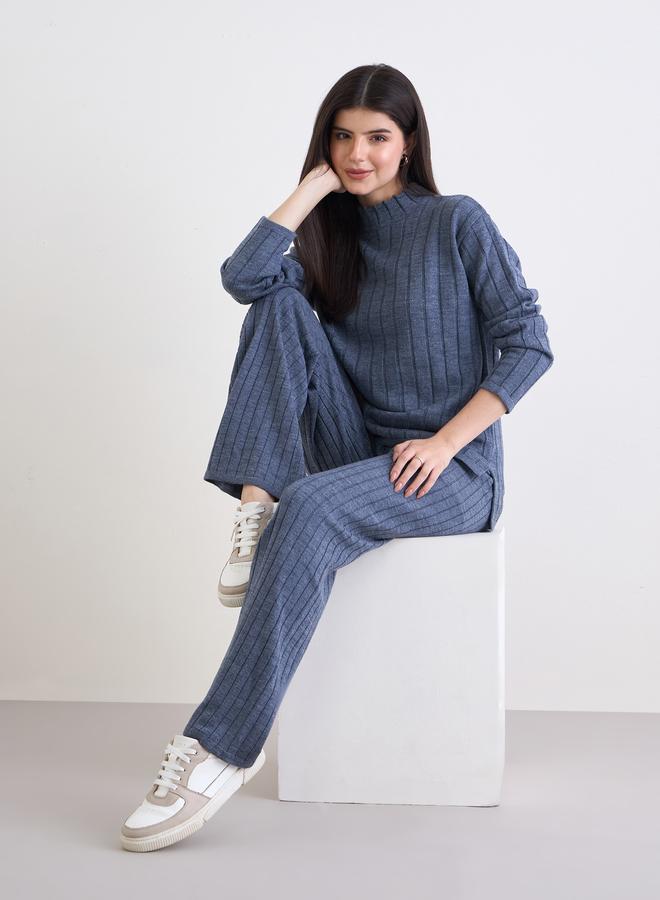 ستايلي طقم منسق من بنطال وسويتر محبوك بتفاصيل مضلعة - Image 1