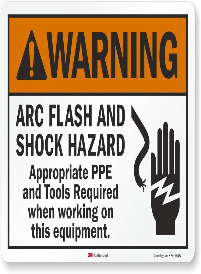SmartSign 3M Engineer Grade Reflective Label, Legend "Warning: Arc Flash and Shock Hazard PPE Required" with Graphic, 10" high x 14" wide, Black/Orange on White - Image 1