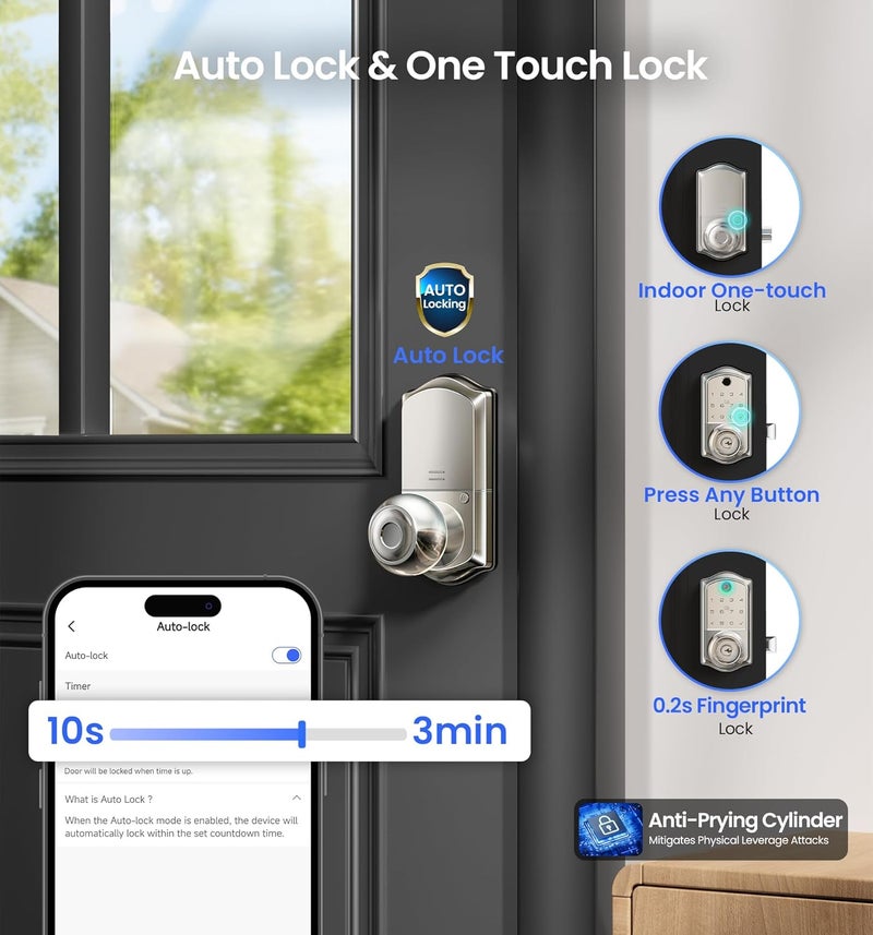 Veise VE018 Smart Knob Handle Lock - Fingerprint, App Control, Keyless Entry for Front Door and Bedroom, Electronic Digital Keypad, Auto Lock, Remote Access Sharing, IP55 Weatherproof, Satin Nickel - Image 4