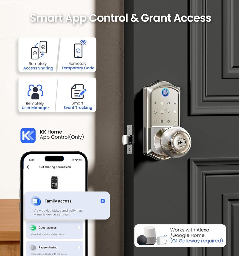 Veise VE018 Smart Knob Handle Lock - Fingerprint, App Control, Keyless Entry for Front Door and Bedroom, Electronic Digital Keypad, Auto Lock, Remote Access Sharing, IP55 Weatherproof, Satin Nickel - Image 3