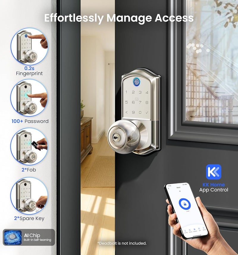 Veise VE018 Smart Knob Handle Lock - Fingerprint, App Control, Keyless Entry for Front Door and Bedroom, Electronic Digital Keypad, Auto Lock, Remote Access Sharing, IP55 Weatherproof, Satin Nickel - Image 2