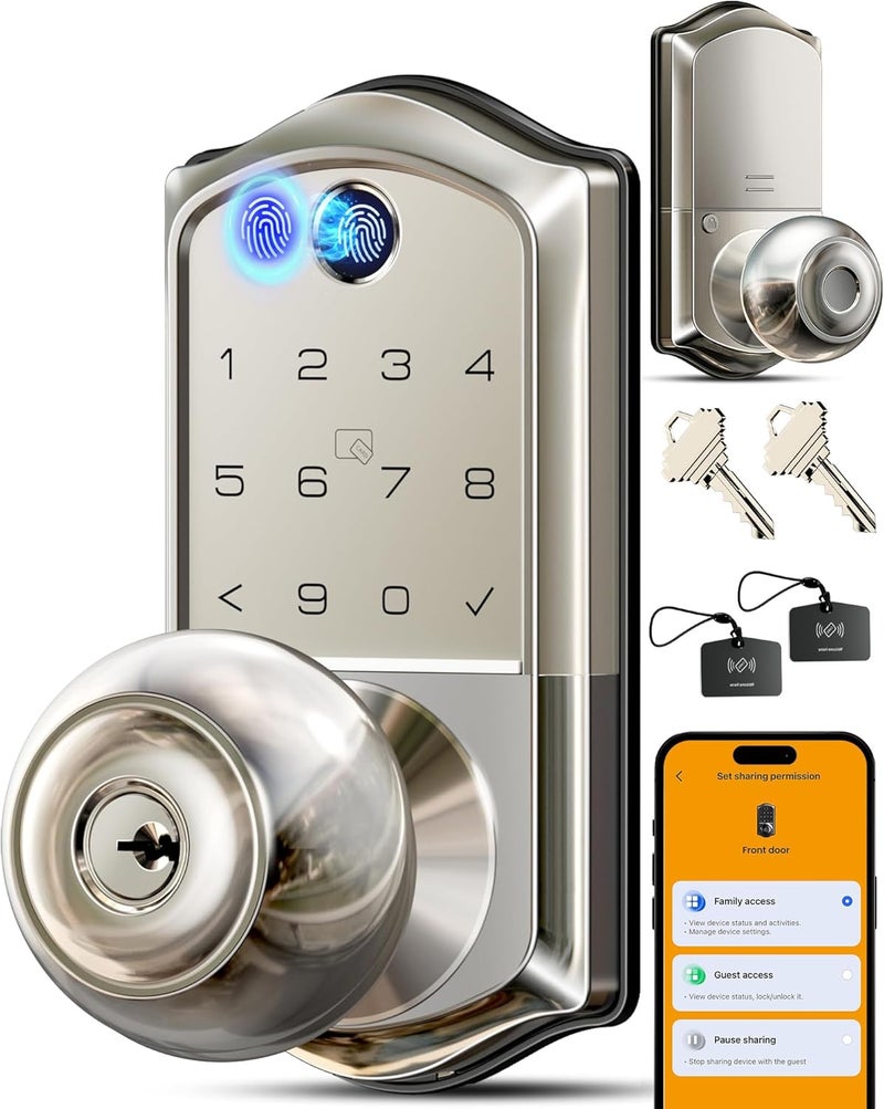 Veise VE018 Smart Knob Handle Lock - Fingerprint, App Control, Keyless Entry for Front Door and Bedroom, Electronic Digital Keypad, Auto Lock, Remote Access Sharing, IP55 Weatherproof, Satin Nickel - Image 1
