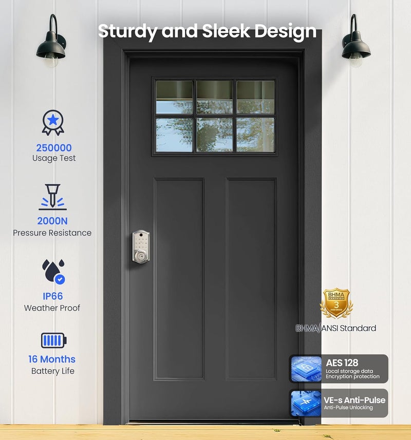 Veise VE018 Smart Knob Handle Lock - Fingerprint, App Control, Keyless Entry for Front Door and Bedroom, Electronic Digital Keypad, Auto Lock, Remote Access Sharing, IP55 Weatherproof, Satin Nickel - Image 5