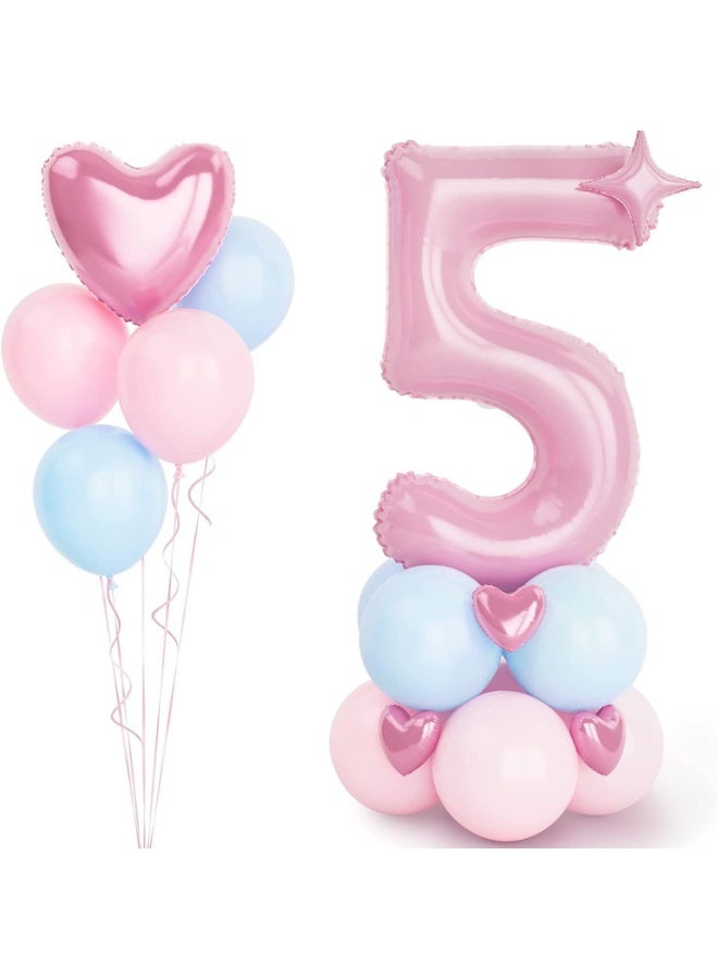 40 Inch Number 5 Balloon Set – Pink & Blue Foil Balloon Column Kit with Heart Balloons, Birthday Party Decoration for Baby Girl Boy 5st Birthday, Photo Backdrop Supplies - Image 1