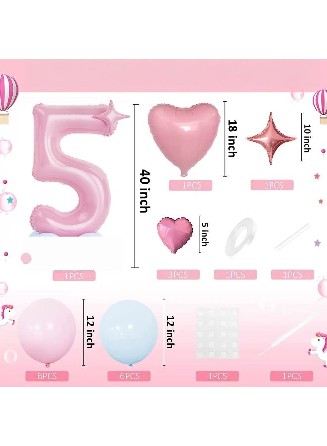 40 Inch Number 5 Balloon Set – Pink & Blue Foil Balloon Column Kit with Heart Balloons, Birthday Party Decoration for Baby Girl Boy 5st Birthday, Photo Backdrop Supplies - Image 2
