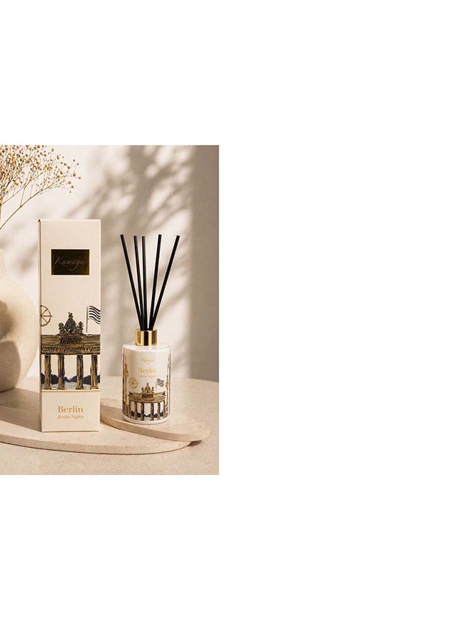 KAMAYA Reed Diffuser from Skyline Collection with Berlin skyline decal on the white glass bottle with gold lid. Frgarance Sakura jasmine . Perfect for gifting .Beautiful box with gift card inside - Image 2