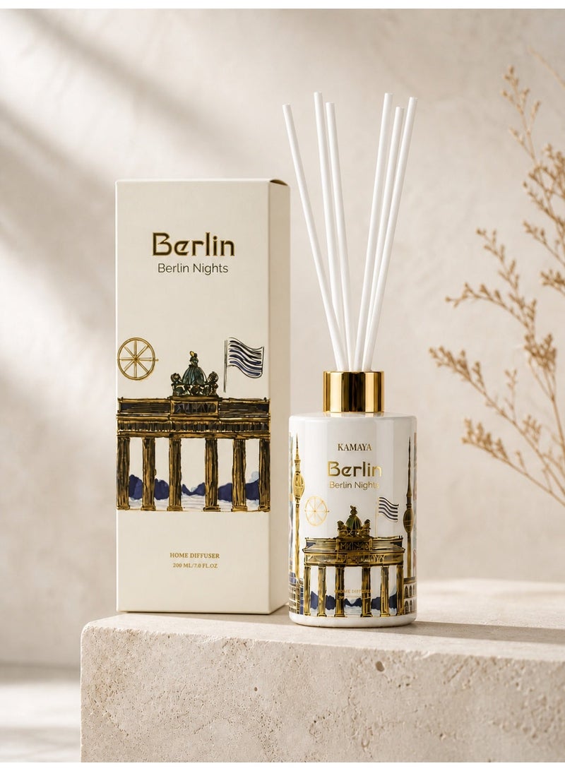KAMAYA Reed Diffuser from Skyline Collection with Berlin skyline decal on the white glass bottle with gold lid. Frgarance Sakura jasmine . Perfect for gifting .Beautiful box with gift card inside - Image 1