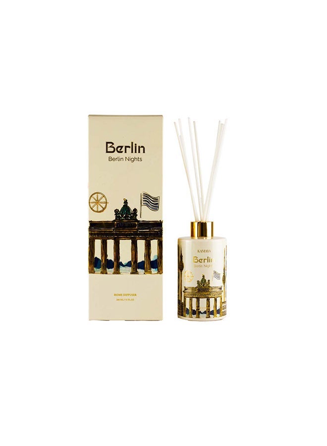 KAMAYA Reed Diffuser from Skyline Collection with Berlin skyline decal on the white glass bottle with gold lid. Frgarance Sakura jasmine . Perfect for gifting .Beautiful box with gift card inside - Image 2