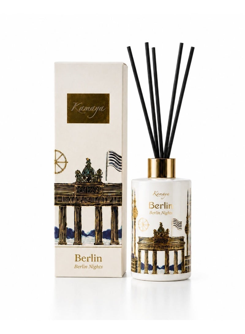 KAMAYA Reed Diffuser from Skyline Collection with Berlin skyline decal on the white glass bottle with gold lid. Frgarance Sakura jasmine . Perfect for gifting .Beautiful box with gift card inside - Image 2
