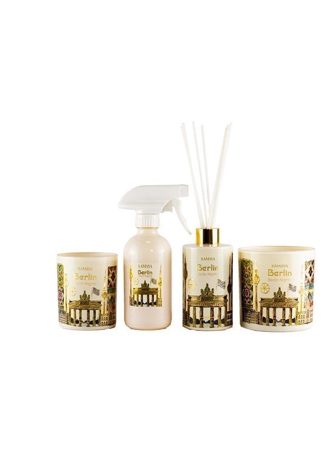 KAMAYA Reed Diffuser from Skyline Collection with Berlin skyline decal on the white glass bottle with gold lid. Frgarance Sakura jasmine . Perfect for gifting .Beautiful box with gift card inside - Image 3