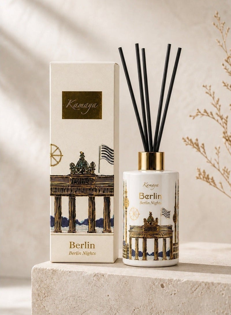 KAMAYA Reed Diffuser from Skyline Collection with Berlin skyline decal on the white glass bottle with gold lid. Frgarance Sakura jasmine . Perfect for gifting .Beautiful box with gift card inside - Image 1
