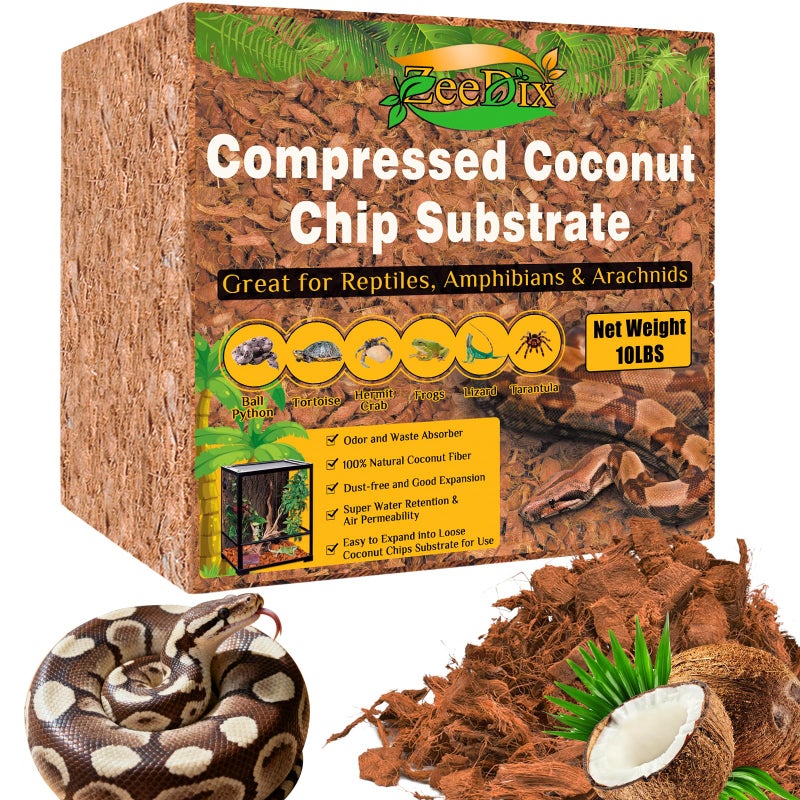 ZeeDix 10LBS Coconut Husk Chip Substrate for Reptiles, 72QT Compressed Organic Coco Coir Chips for Snake Habitat, Reptile Bedding for Ball Python, Tortoises, Geckos, Lizards Terrarium Tanks - Image 1