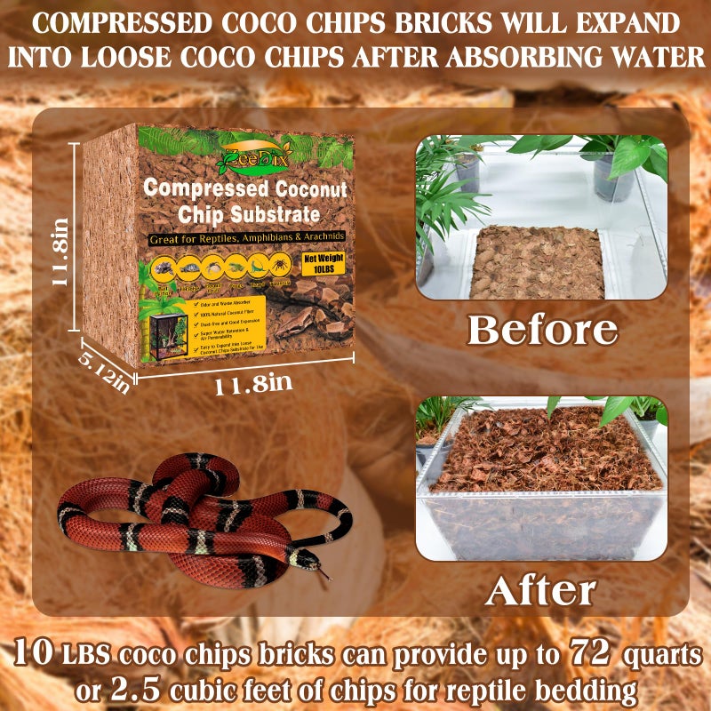 ZeeDix 10LBS Coconut Husk Chip Substrate for Reptiles, 72QT Compressed Organic Coco Coir Chips for Snake Habitat, Reptile Bedding for Ball Python, Tortoises, Geckos, Lizards Terrarium Tanks - Image 2
