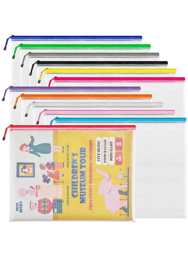 JARLINK A3 (16.9X12.4 In, 12 Pcs) Mesh Zipper Pouch, 12 Colors Extra Large Zipper Bags, Waterproof File Pouches For Office Supplies, Puzzles, Board Game, School, Travel Accessories& Craft Projects  - Image 1