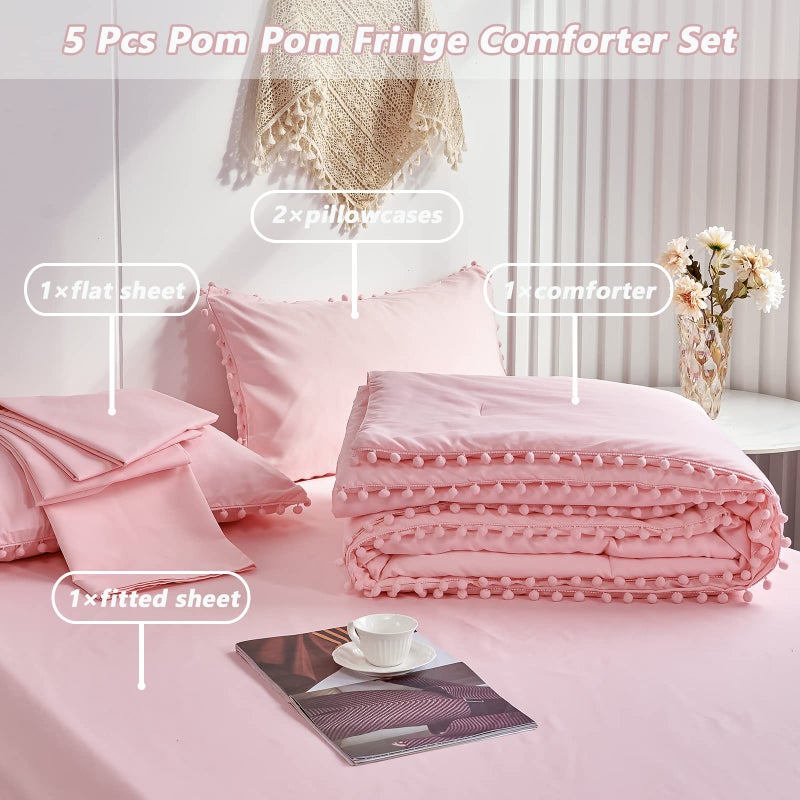PERFEMET 5 Pcs Pink Pom Pom Comforter Twin Size Aesthetic Boho Pom Fringe Bedding Set with Sheet Ultra Soft Lightweight Farmhouse Bedding Quilt Set for Girls Kids(Pink, Twin) - Image 3