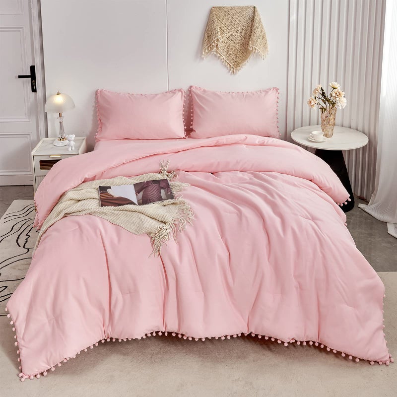 PERFEMET 5 Pcs Pink Pom Pom Comforter Twin Size Aesthetic Boho Pom Fringe Bedding Set with Sheet Ultra Soft Lightweight Farmhouse Bedding Quilt Set for Girls Kids(Pink, Twin) - Image 2