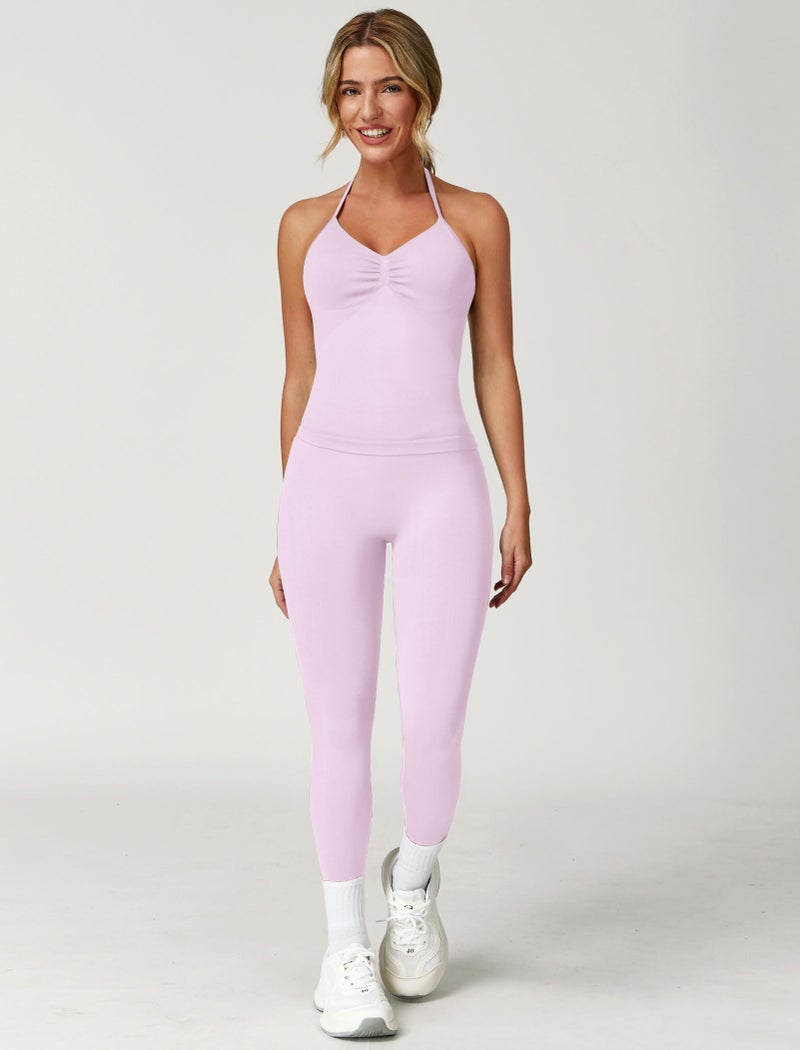 ABOCIW Womens Workout Sets Seamless Longline Strappy Top Halter Sports Bra High Waist Scrunch Butt Impact Leggings 2 Piece Gym Set Pink Small - Image 2