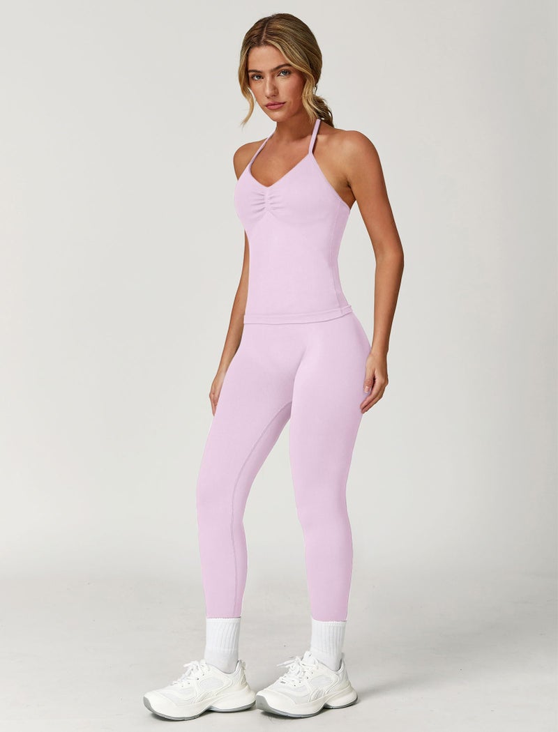 ABOCIW Womens Workout Sets Seamless Longline Strappy Top Halter Sports Bra High Waist Scrunch Butt Impact Leggings 2 Piece Gym Set Pink Small - Image 3