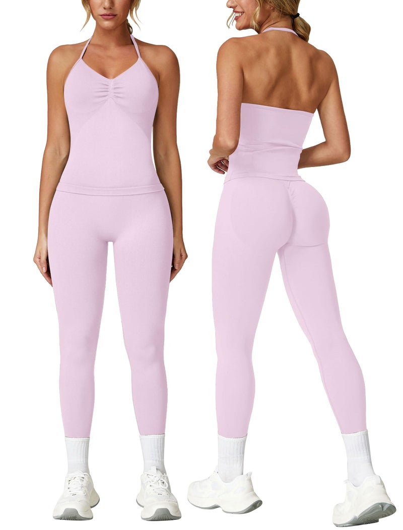 ABOCIW Womens Workout Sets Seamless Longline Strappy Top Halter Sports Bra High Waist Scrunch Butt Impact Leggings 2 Piece Gym Set Pink Small - Image 1