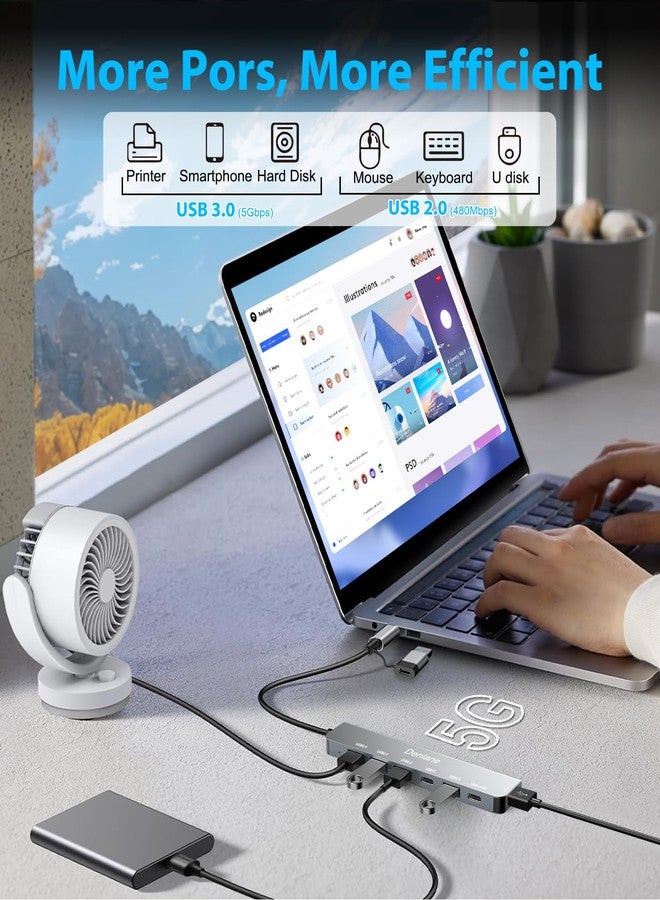 موزع USB-C من دينلين، موزع USB 3.0 لأجهزة الكمبيوتر المحمولة، مقسم USB مطور 7 في 2 مع منفذ USB-C وموسع منفذ USB-A متعدد المنافذ، دونجل USB-C USB 2.0 لأجهزة الكمبيوتر الشخصية/أجهزة الكمبيوتر/أجهزة الكمبيوتر المحمولة، منفذ USB-C من النوع C لأجهزة Mac/MacBook/Air/Pro/iPad/الأجهزة اللوحية - Image 4