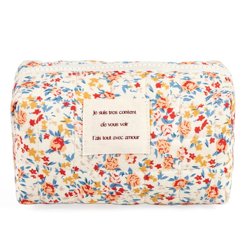 Sminra Floral Makeup Bag Small Cotton Quilted Cosmetic Bag Organizer Aesthetic Cottagecore Preppy Portable Pouch Purse Toiletry Bag for Women Girls Travel accessories Red FloralS - Image 2