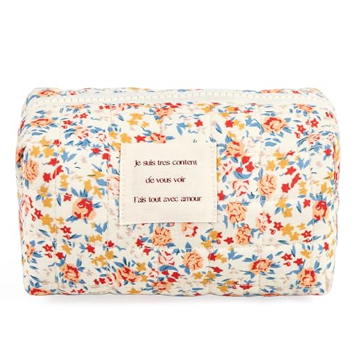 Sminra Floral Makeup Bag Small Cotton Quilted Cosmetic Bag Organizer Aesthetic Cottagecore Preppy Portable Pouch Purse Toiletry Bag for Women Girls Travel accessories Red FloralS - Image 1