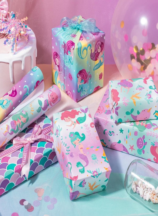 WRAPAHOLIC Mermaid Wrapping Paper Roll - 3 Short Roll - Birthday Wrapping Paper for Kids Girls Birthday, Mermaid Party, Baby Shower - 17 Inch x 120 Inch Per roll - Image 4