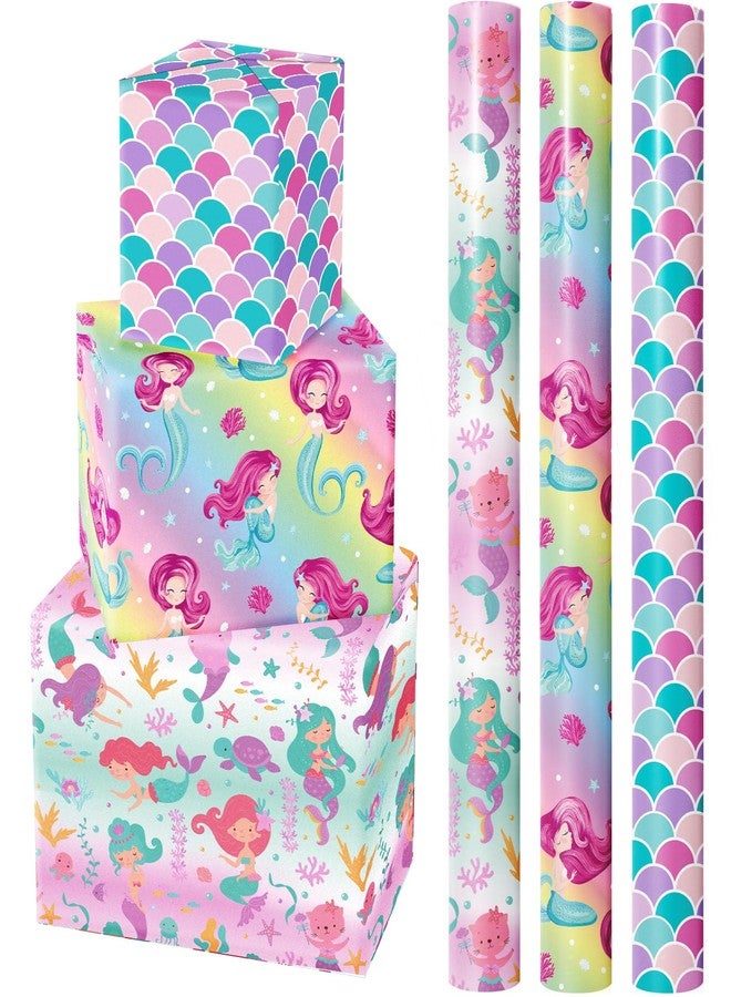 WRAPAHOLIC Mermaid Wrapping Paper Roll - 3 Short Roll - Birthday Wrapping Paper for Kids Girls Birthday, Mermaid Party, Baby Shower - 17 Inch x 120 Inch Per roll - Image 1