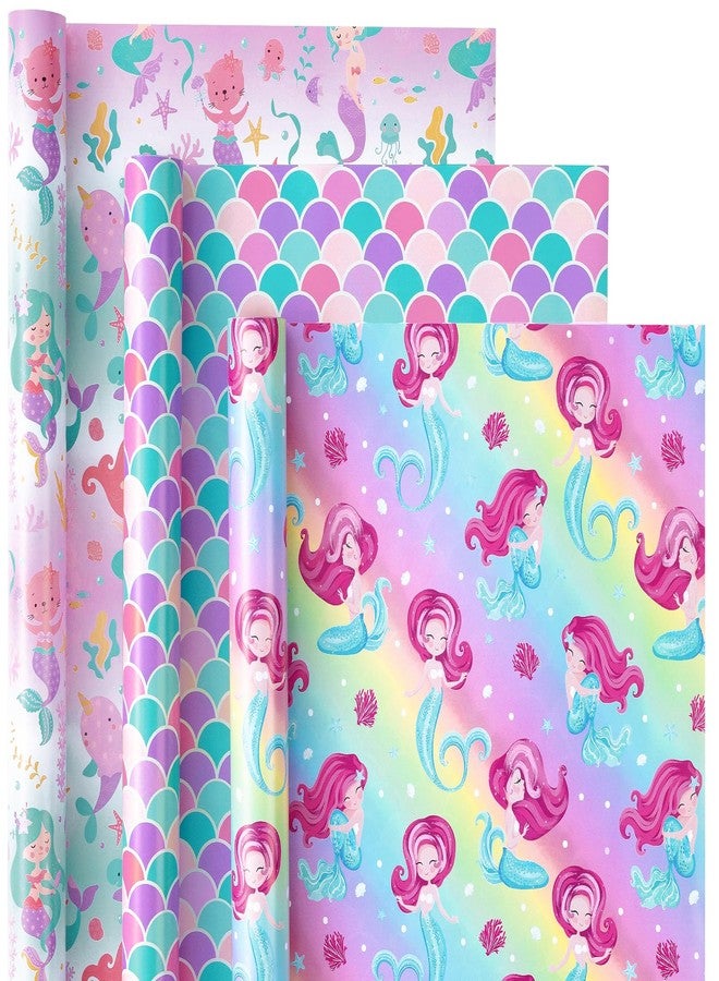 WRAPAHOLIC Mermaid Wrapping Paper Roll - 3 Short Roll - Birthday Wrapping Paper for Kids Girls Birthday, Mermaid Party, Baby Shower - 17 Inch x 120 Inch Per roll - Image 2