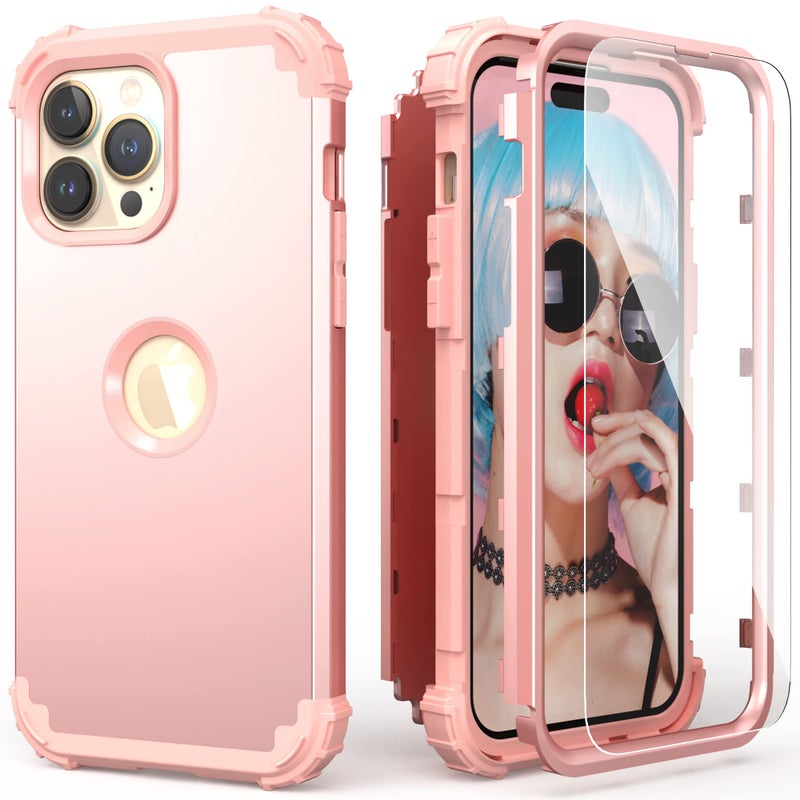 IDweel for iPhone 14 Pro Max Case,for iPhone 14 Pro Max with Screen Protector for Women, 3 in 1 Shockproof Slim Fit Hybrid Heavy Duty Hard PC Cover Soft Silicone Bumper Full Body Case,Rose Gold - Image 1