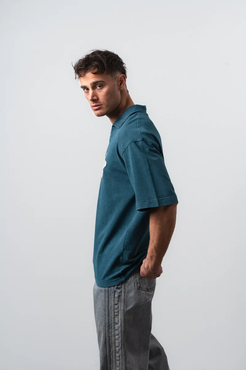 RESPIRE Men's Pray Embroidered Polo Collar Oversize T-Shirt Emerald