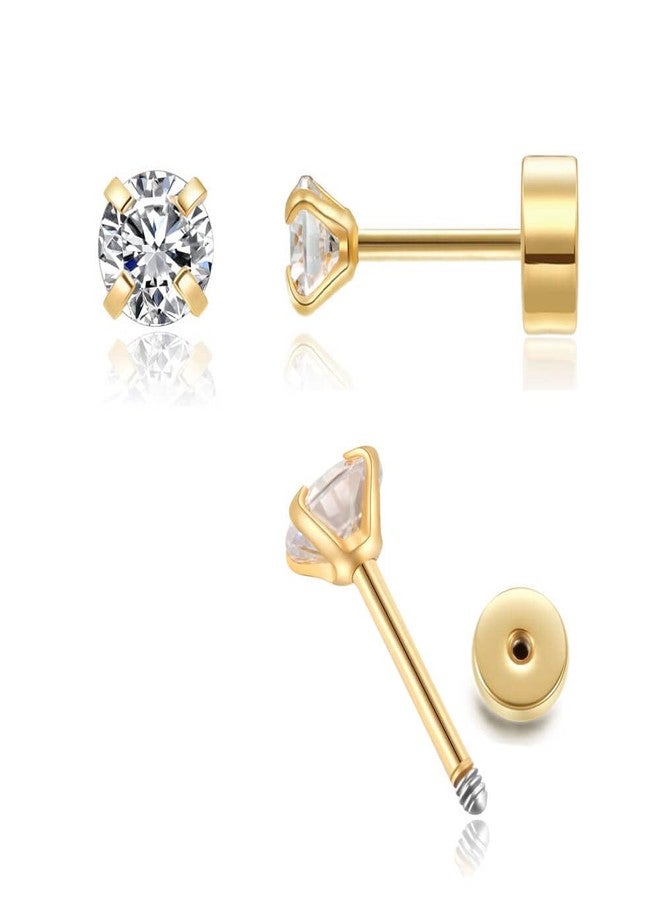 Renkovte Unisex Flat Screw Back CZ Stud Earrings,20G Small Cubic Zirconia Studs for Women Girls Cartilage Helix Tragus Piercing Hypoallergenic (6mm CZ, Gold Earrings) - Image 1