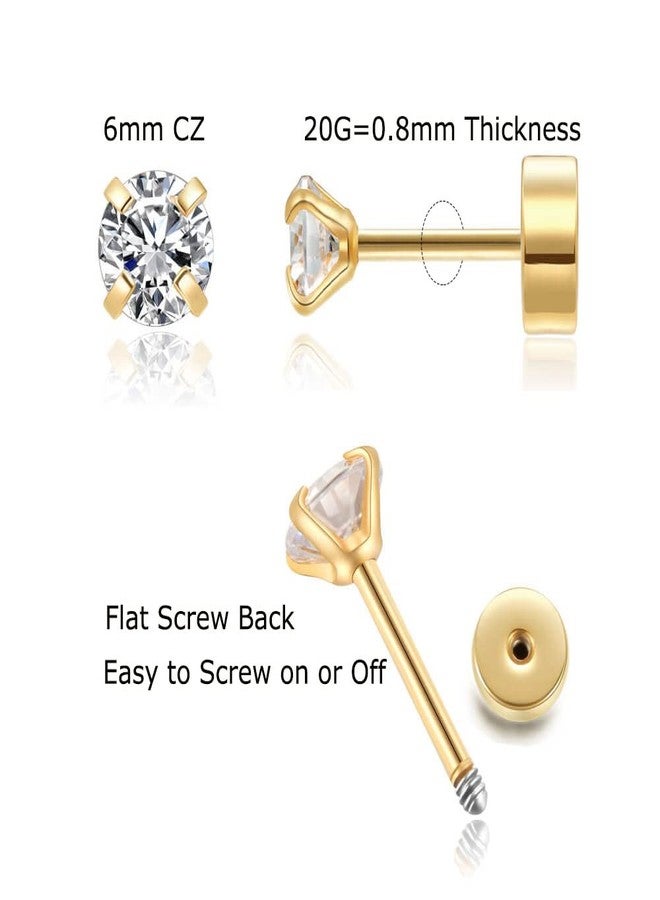 Renkovte Unisex Flat Screw Back CZ Stud Earrings,20G Small Cubic Zirconia Studs for Women Girls Cartilage Helix Tragus Piercing Hypoallergenic (6mm CZ, Gold Earrings) - Image 2