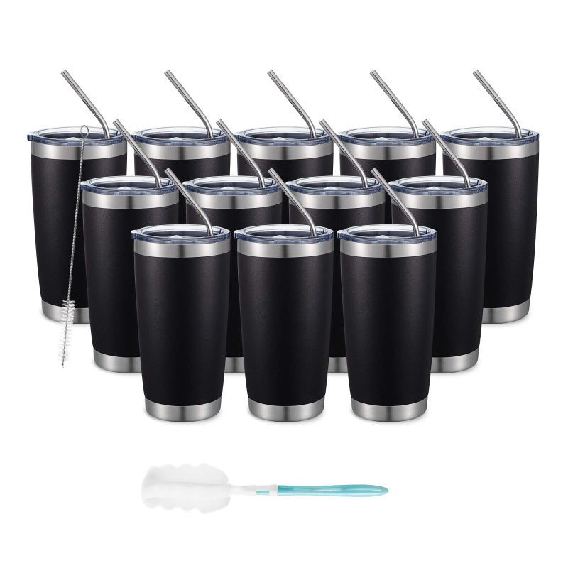 COMOOO COMOOO 20oz Double Wall Vacuum Insulated Travel Mug  Stainless Steel Tumbler with Lid and Straw Durable Powder Coated Insulated Coffee Cup for Cold & Hot Drinks (Black  12 pack - Image 1