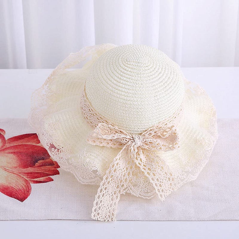 XYX Little Girl Kids Breathable Summer Straw Hat Foldable UV Protection Bowknot Wide Brim Floppy Beach Sun Visor Hats (as1, Age, 3_Years, 6_Years, Hat2-White) - Image 2