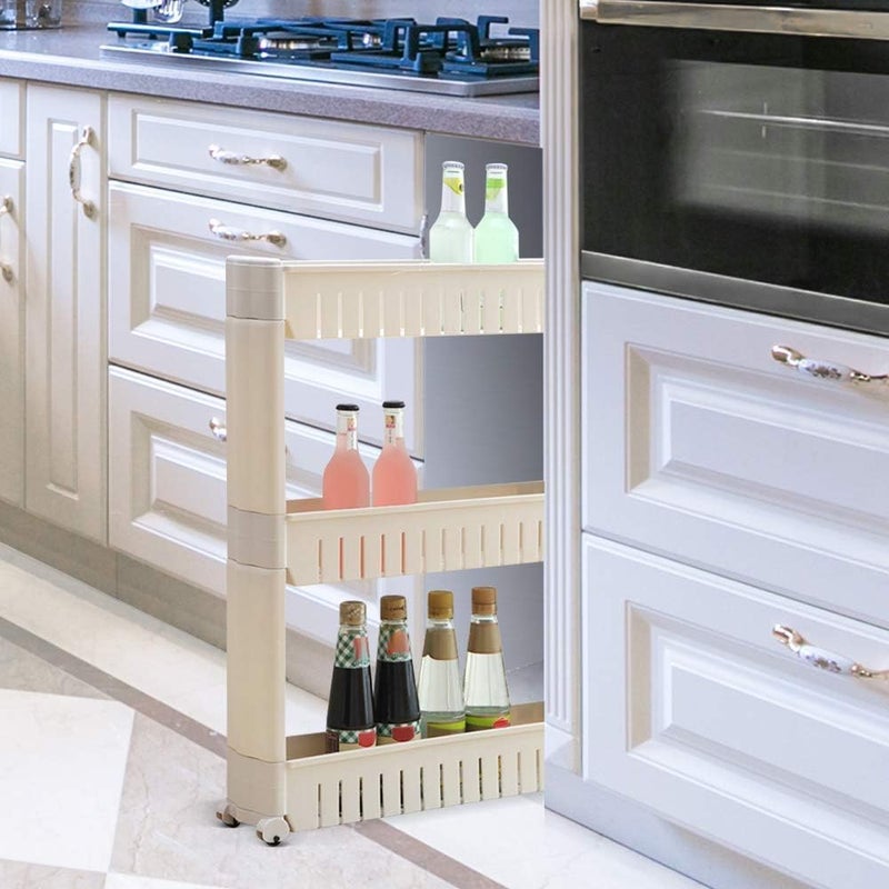 Turbo organizer with 3 shelves for the kitchen and bathroom, made of white and beige plastic, space - saving vertical shelves for organizing and storing kitchen and bathroom supplies, moveable with... - Image 1